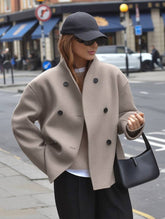 Aurohaya Elegant Brown Wool Double Breasted Coat with V Neck and High Collar for Women Vintage Casual Winter Jacket